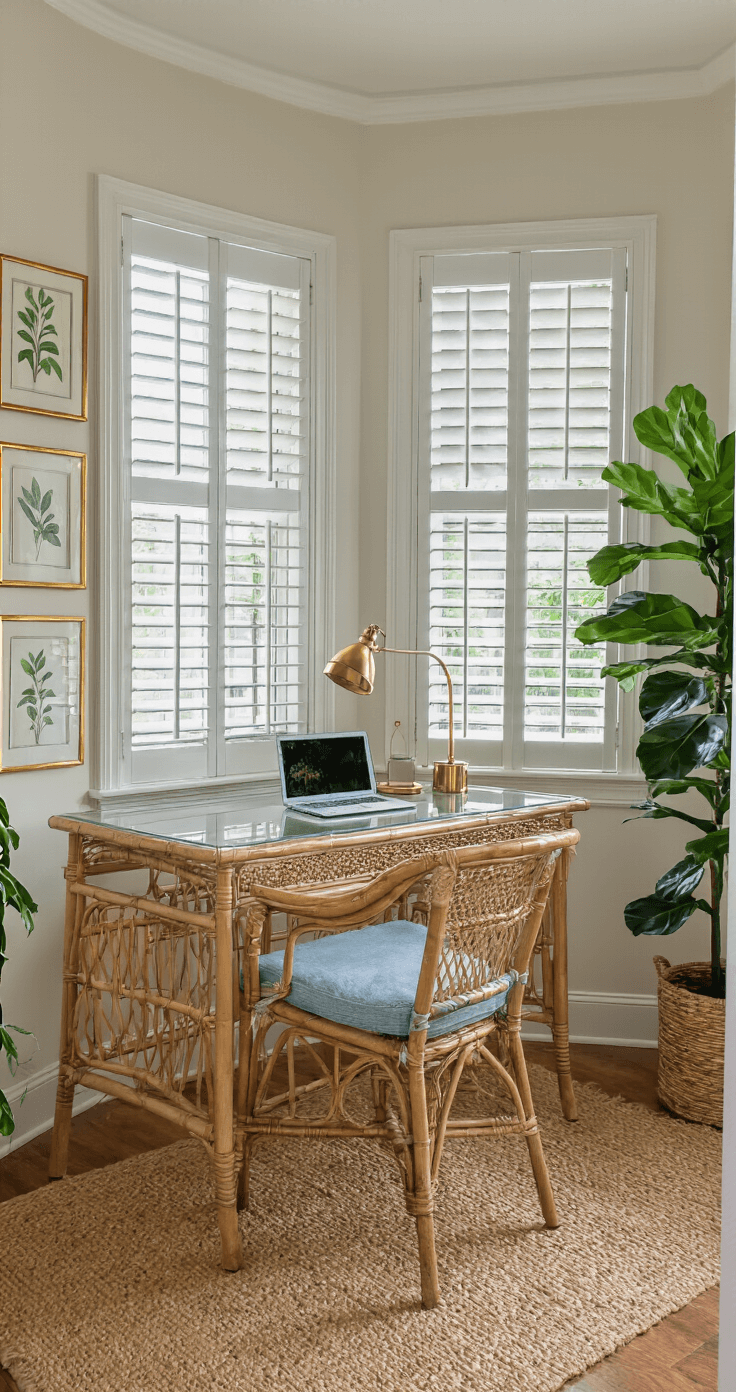 A cozy home office nook featuring a bay window, filled with afternoon light, showcasing a rattan desk with a glass top, a vintage bamboo chair with a pale blue cushion, a gallery wall of botanical prints in gold frames, a fiddle leaf fig in the corner, a jute rug, and brass desk accessories, all captured from a doorway angle.