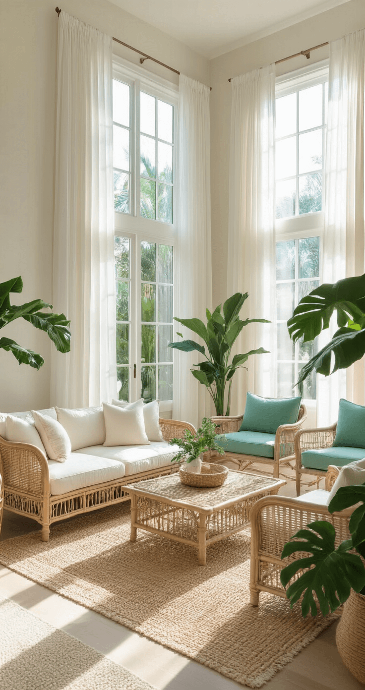 A spacious, sunlit Florida living room featuring a vintage rattan sectional with cream cushions, seafoam green accent chairs, and a natural jute rug. Floor-to-ceiling windows draped with sheer white curtains allow soft light to fill the room, adorned with Monstera and palm plants, all set against walls painted in a soft beige.