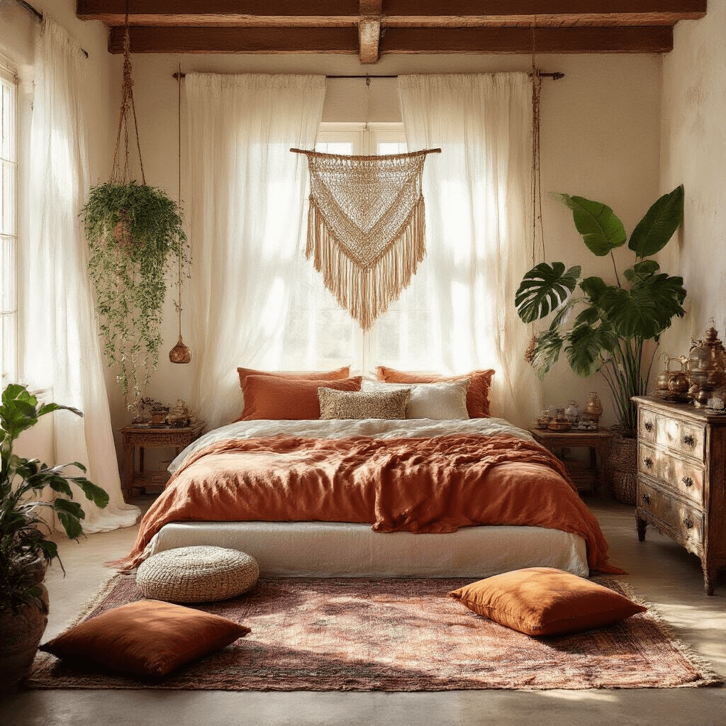 A boho bedroom filled with warm golden light, featuring a low-profile platform bed dressed in terracotta and cream linens, macramé wall hangings, jewel-toned floor cushions, and a vintage Moroccan side table, all surrounded by trailing plants and a large monstera.