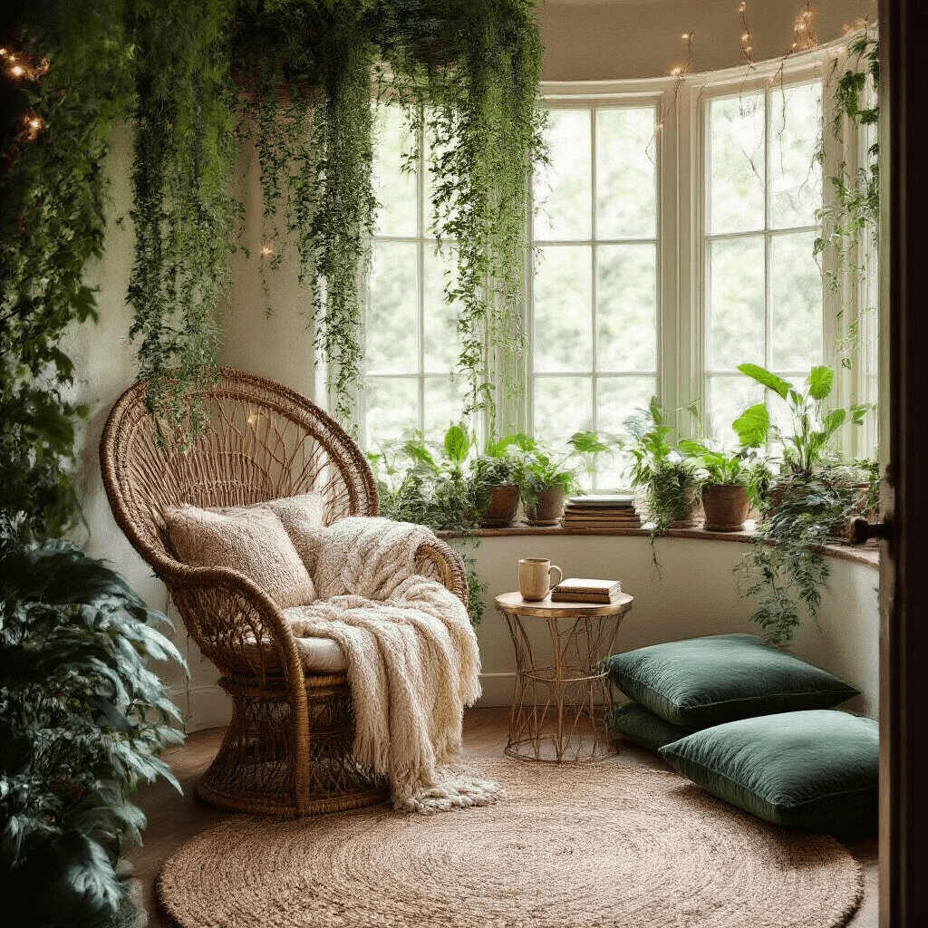 Intimate boho bedroom reading nook featuring a rattan peacock chair draped in a cream knit throw, framed by floor-to-ceiling windows. Hanging plants create a canopy, while a jute rug anchors the space. A brass side table holds a ceramic mug and vintage books, with emerald green velvet floor cushions and string lights adding a magical ambiance.