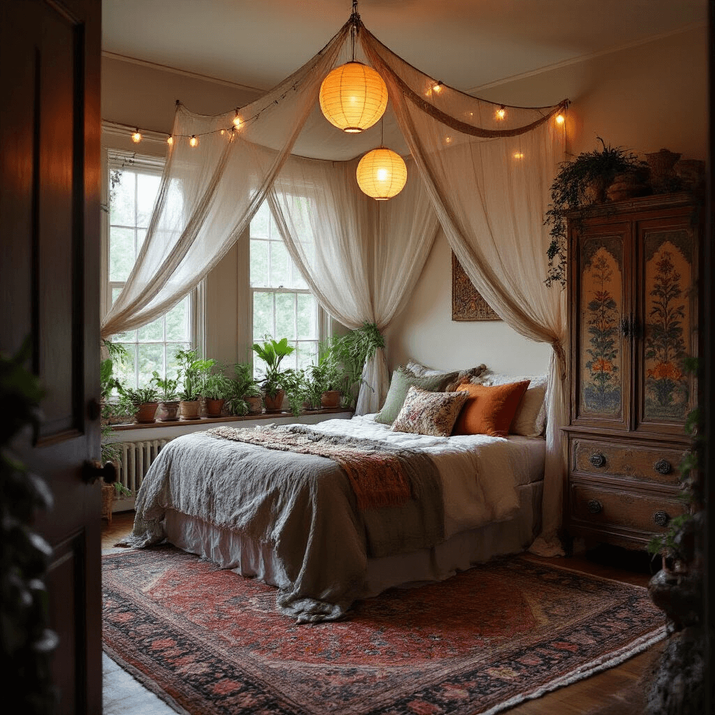 A cozy twilight bedroom viewed from the doorway, showcasing a canopy bed adorned with sheer fabrics and colorful embroidered pillows, illuminated by warm paper lanterns and string lights. A vintage Persian rug anchors the space, while potted plants line the windowsill and a hand-painted wooden armoire adds character, all captured in a wide-angle perspective to enhance the intimate moody atmosphere.
