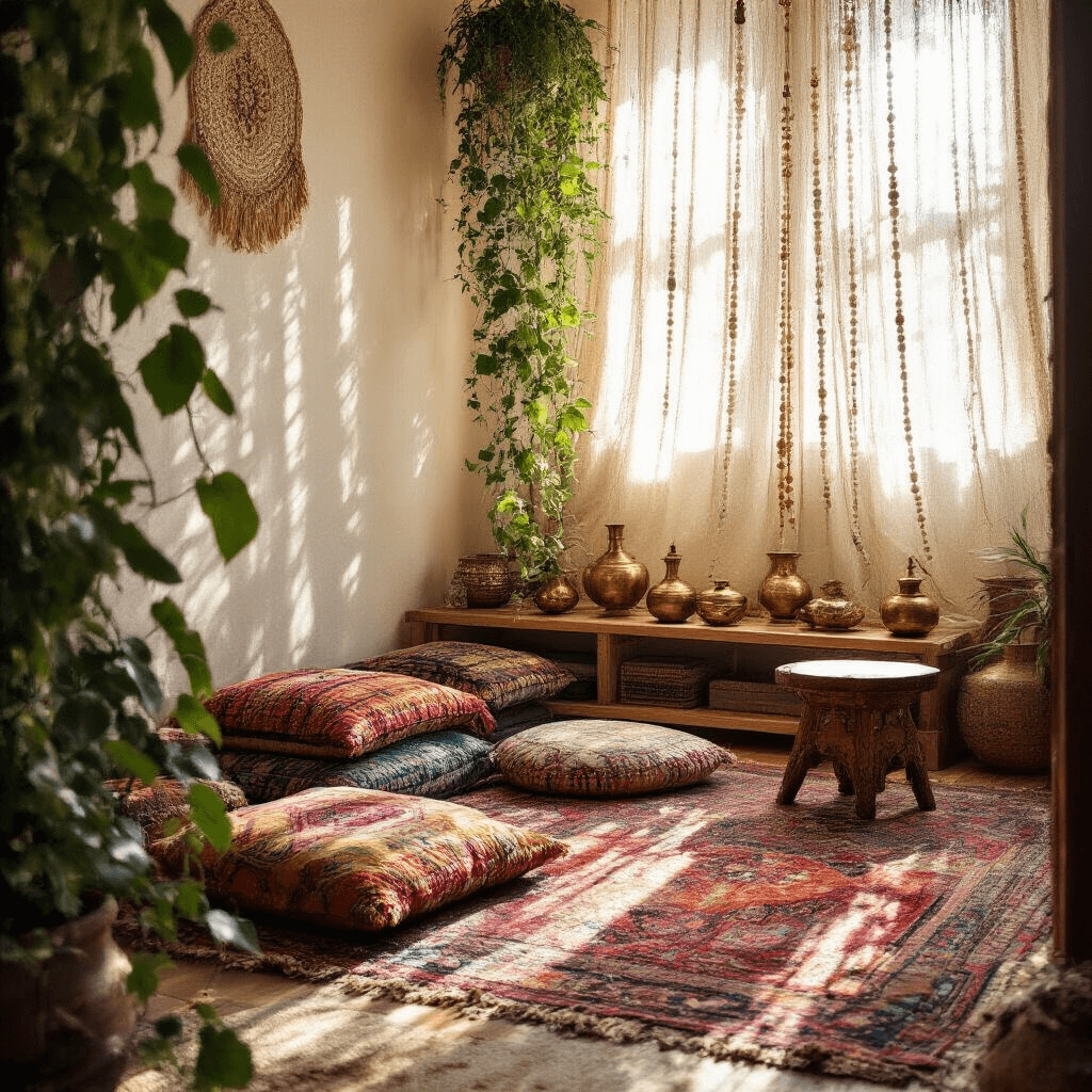 A serene boho bedroom meditation corner, illuminated by mid-morning sunlight filtering through a beaded curtain, casting patterns onto rich jewel-toned floor cushions and a handcrafted wooden stool atop layered vintage Kilim rugs, with brass incense holders and ceramic vessels on a bamboo shelf, framed by trailing pothos and string of pearls plants.