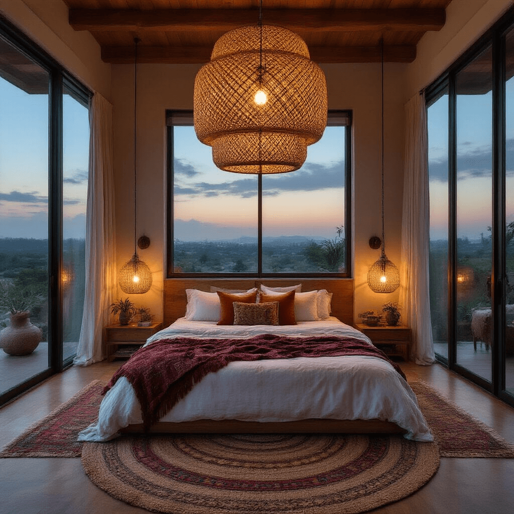 Dramatic overhead view of a boho master bedroom featuring a king-sized bed with layers of undyed linen and globally-sourced textiles, highlighted by a large rattan pendant lamp and ambient brass sconces, captured during blue hour with a focus on the room's radial symmetry and natural materials.