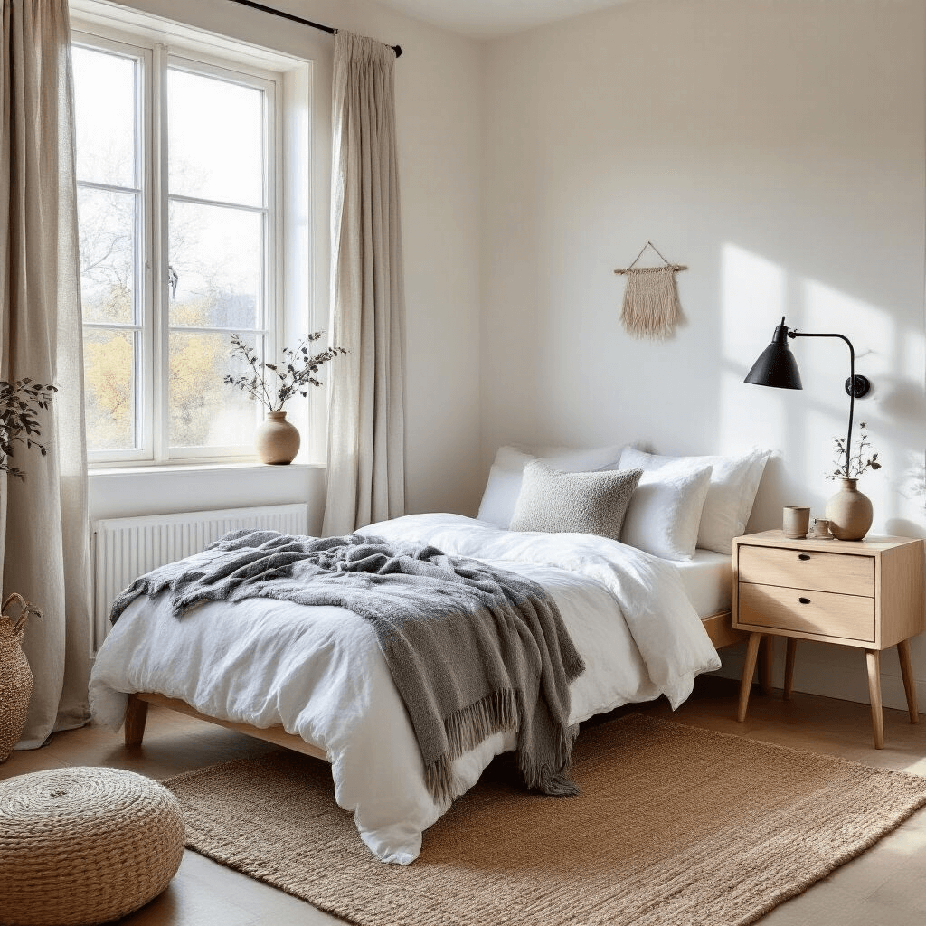 A serene Scandinavian guest bedroom featuring a twin bed with white linens and gray throws, illuminated by warm morning light. A light blonde wood nightstand with a ceramic lamp and vine, a woven jute rug, and a minimalist black reading lamp complete the inviting space adorned with textured linen curtains and a knitted pouf.