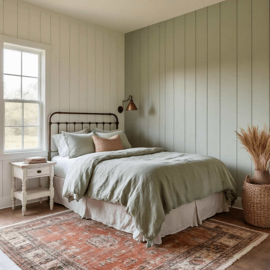 A cozy modern farmhouse guest retreat in a 7x7ft corner space, featuring a vertical shiplap wall in soft sage, an iron-frame double bed with vintage-wash linen, a distressed white oak side table, and an antiqued brass sconce, all beautifully lit during golden hour. Layered vintage rugs in faded terracotta tones, woven basket storage, and a dried wheat bouquet enhance the organic texture and warm color palette of sage green, warm whites, aged brass, and natural wood tones.