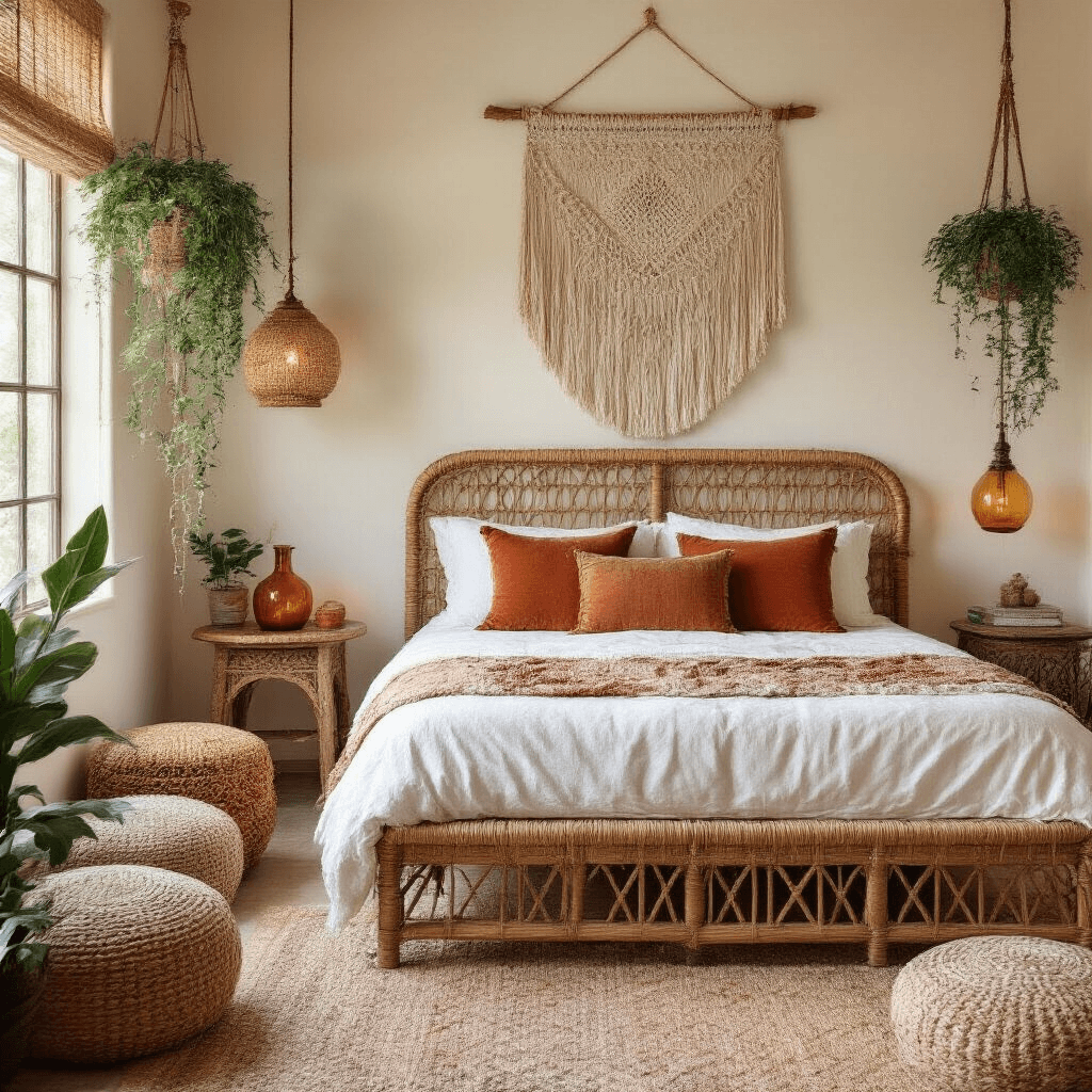 Boho chic micro guest room featuring a rattan bed frame with white and rust-colored pillows, macramé wall hanging, hanging plants, carved wooden mirror, amber glass lamp on a side table, Moroccan poufs, and a jute carpet in an earth-tone palette.