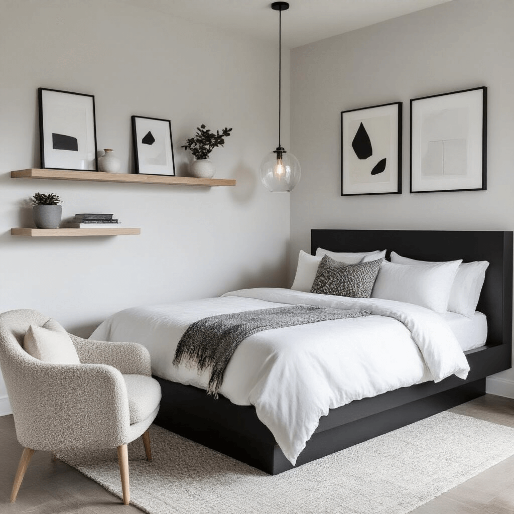 Minimalist guest bedroom featuring a matte black platform bed with white bedding, pale ash wood floating shelves with monochrome art, and a bouclé accent chair, illuminated by a clear glass pendant light, showcasing cool-toned grays and whites.