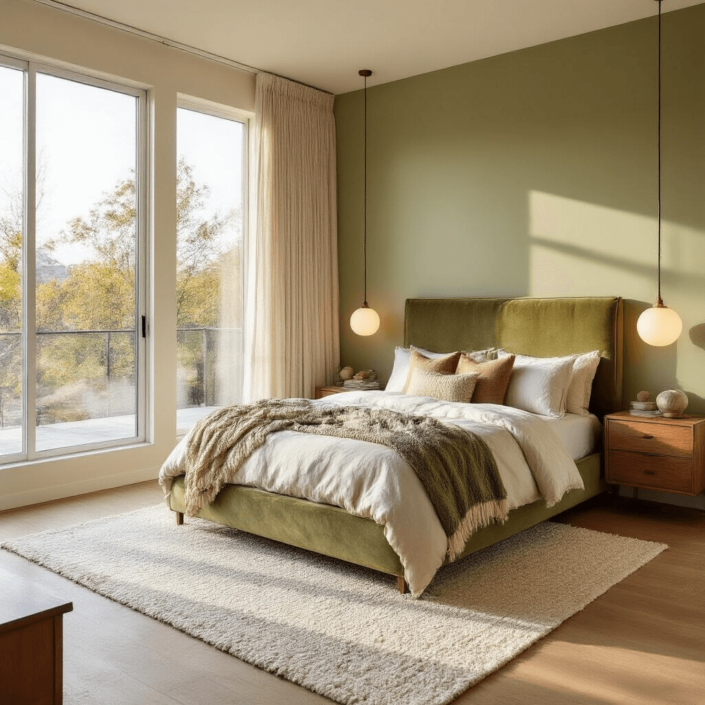A serene bedroom featuring a platform bed with an olive velvet headboard, dressed in cream linens and chunky knit throws, illuminated by golden hour light through floor-to-ceiling windows. Flanked by floating walnut nightstands with ceramic globe lamps, the room has soft sage green walls and bleached oak flooring, with a textured ivory and pale blue wool area rug defining the sleeping area.
