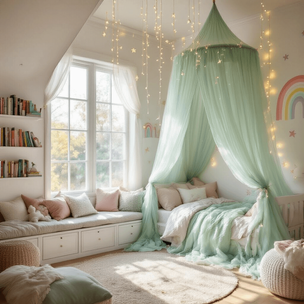 A whimsical child's bedroom with a mint green canopy bed, pastel rainbow wall decals, and a cozy reading nook, all illuminated by soft afternoon sunlight and twinkling fairy lights.
