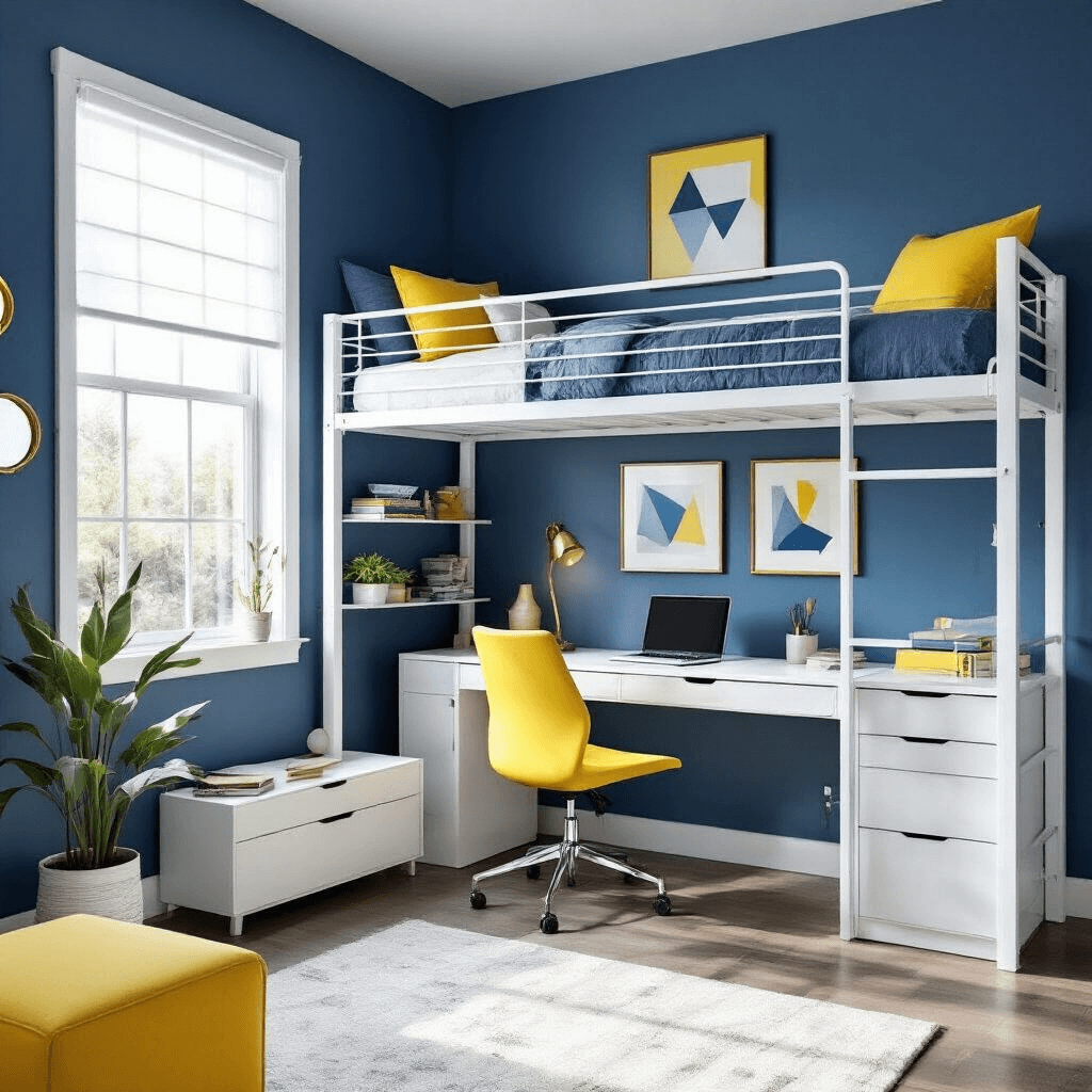 A compact teen bedroom featuring a white metal loft bed, organized study area with a sleek desk and ergonomic chair, blue walls with yellow accents, wall-mounted storage, and mirrors, all illuminated by natural light from an industrial window.