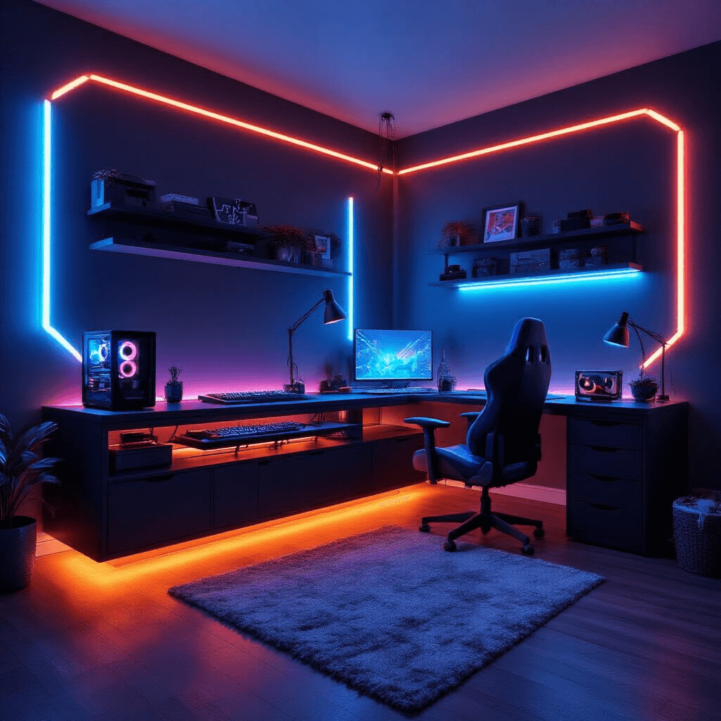 Cozy gaming-inspired bedroom featuring a floating RGB illuminated gaming station against charcoal walls, sleek black and electric blue furniture, and dynamic moody lighting for a futuristic cyber-punk atmosphere.