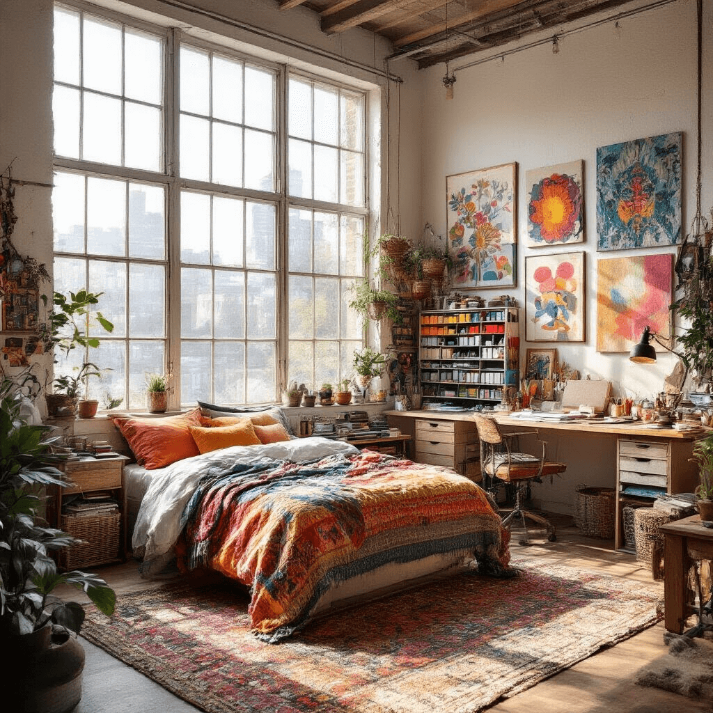 A bright and creative 15x17ft studio-bedroom hybrid featuring double-height windows that let in morning light, a gallery wall of personal artwork, an organized craft station in rainbow order, and a vintage-inspired bed with bohemian textiles, all highlighting a vibrant color story and artistic workspace flow with natural materials.
