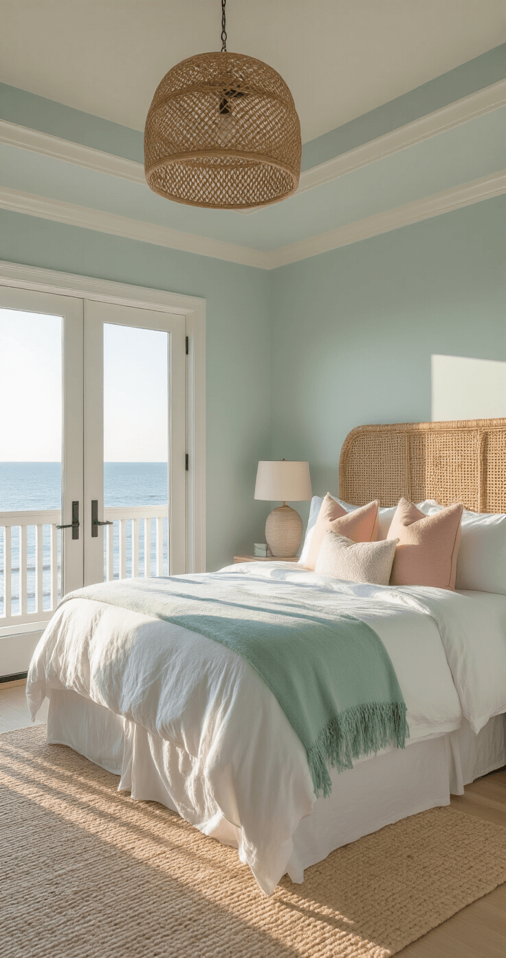 Coastal master bedroom retreat featuring a king-sized bed with white linens and mint and blush pillows, a woven rattan headboard, pale blue walls, and a seagrass pendant light, all illuminated by golden hour lighting from French doors leading to a balcony.