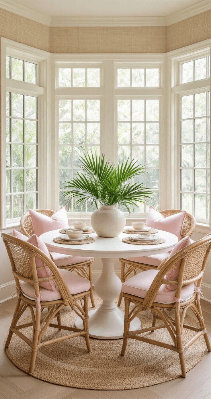 Intimate tropical breakfast nook featuring a round whitewashed table with four curved-back rattan chairs and pale pink cushions, illuminated by soft early morning light filtering through bay windows, with an oversized ceramic vase of palm fronds as a centerpiece against sandy beige grasscloth wallpaper.