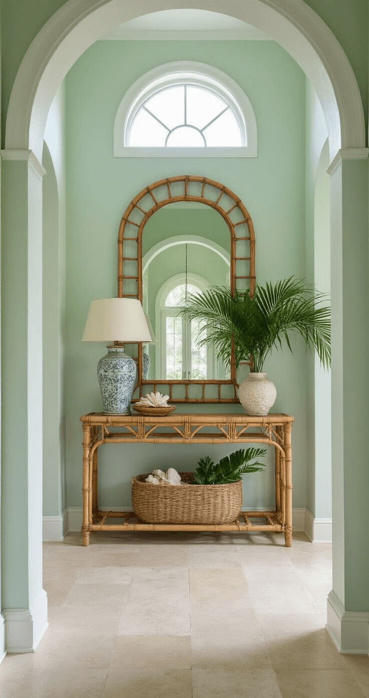 A bright and airy 12-foot high foyer featuring an architectural archway, pale mint walls with white trim, and natural light streaming through a transom window. A large seagrass mirror hangs above a vintage bamboo console, adorned with a woven basket of fresh palms and a shell-encrusted lamp, captured from a doorway perspective with a wide-angle lens.