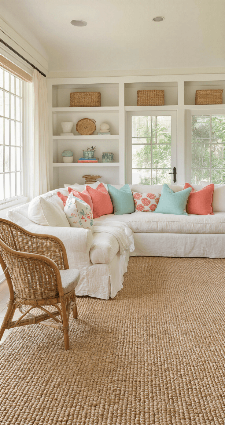 Cozy Florida den featuring built-in shelving, oversized cream linen sofa with coral and seafoam pillows, vintage rattan armchair, and textured sisal rug, all bathed in late afternoon golden light.