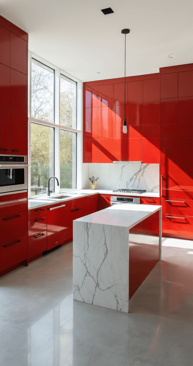 Wide shot of a modern red kitchen featuring cherry red cabinets, white quartz countertops, and a marble-topped island, illuminated by morning sunlight streaming through large windows, with stainless steel appliances and geometric shadows on polished concrete floors.