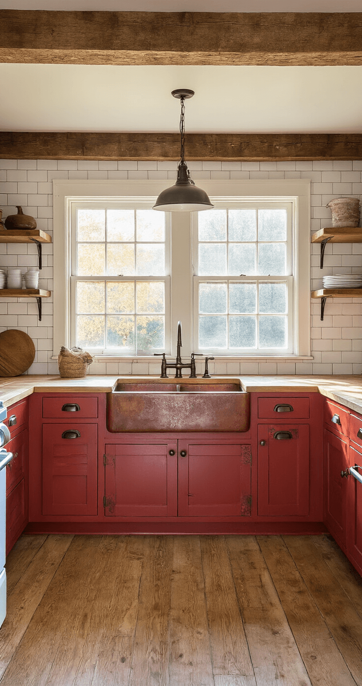 Cozy rustic red farmhouse kitchen featuring distressed brick red shaker cabinets, butcher block countertops, and a copper farmhouse sink, illuminated by warm afternoon light through vintage window panes, with a white subway tile backsplash and wrought iron hardware, under exposed wooden beams and pendant lighting.