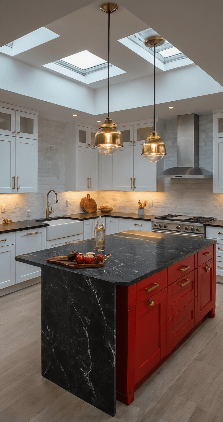 Contemporary open-concept kitchen with red island, white cabinets, and black marble countertops, featuring twilight blue hour lighting, brushed gold accents, and skylights, shot from an elevated position.