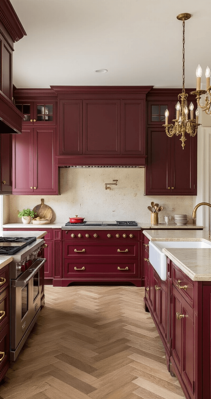 Traditional red statement kitchen featuring deep burgundy raised-panel cabinets, cream granite countertops, antique brass hardware, and herringbone wooden floors, all illuminated by soft diffused mid-morning light, captured with symmetrical framing.