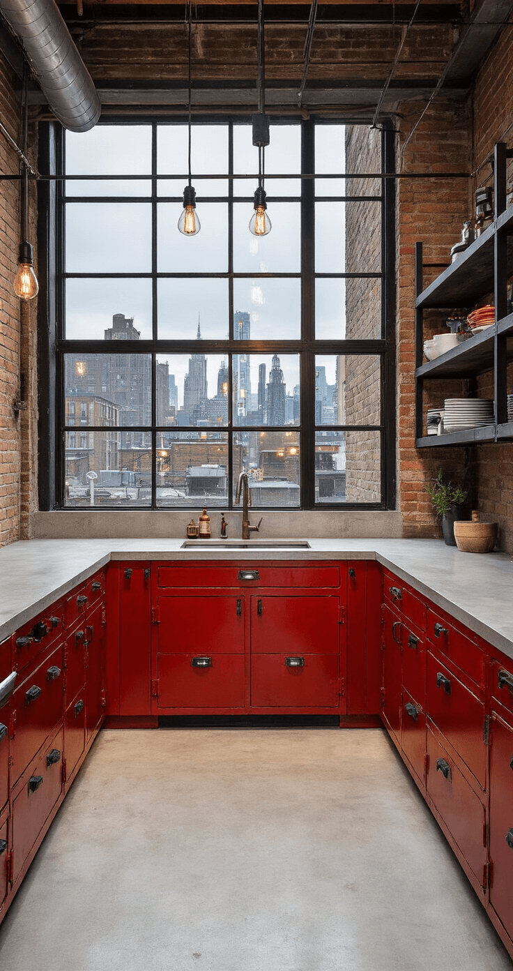 An industrial red loft kitchen showcasing crimson metal cabinets with rivets, polished concrete countertops, and black steel open shelving, illuminated by dramatic evening city light streaming through large warehouse windows, captured from a corner angle to emphasize depth and height in a moody atmosphere.