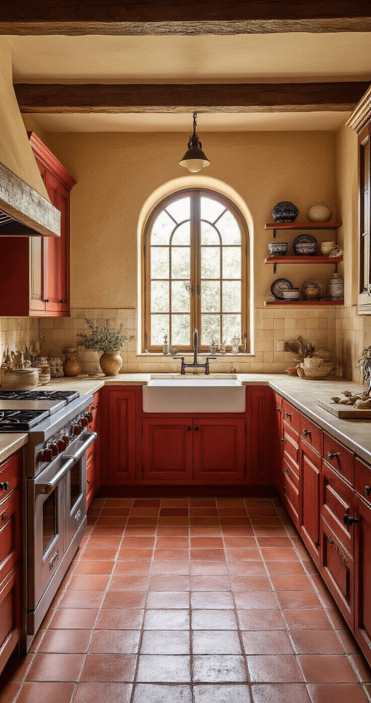 A warm Mediterranean kitchen featuring terracotta red cabinets with intricate carvings, limestone countertops, and terra cotta tile floors, illuminated by golden afternoon light. Wrought iron fixtures and ceramic accents complement the design, with an arched window above the sink, all set under wooden beams. Shot at a 45-degree angle to highlight textural details.