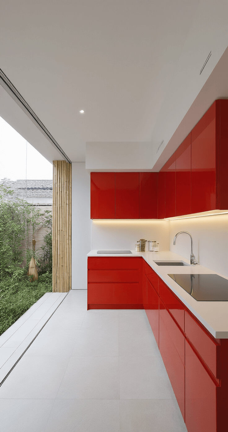 Minimalist red kitchen featuring glossy scarlet handle-less cabinets, white corian surfaces, hidden LED lighting, bamboo accents, and floor-to-ceiling windows. The clean 20x15ft space is illuminated by morning light, showcasing a zen garden view, captured straight-on at f/5.6.