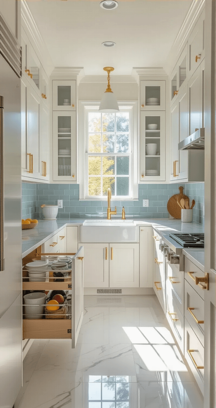 A bright, compact galley kitchen featuring white floor-to-ceiling cabinets with gold hardware, marble countertops, and a pale blue subway tile backsplash, illuminated by morning sunlight with soft natural lighting and under-cabinet LEDs, captured from the entrance at eye level.