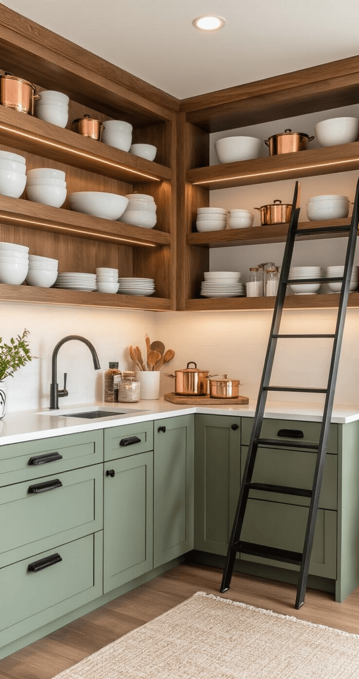 An intimate kitchen nook with warm walnut open shelving displaying white ceramics and copper cookware, sage green lower cabinets with matte black handles, and a black steel rolling library ladder, captured from an elevated angle in mid-afternoon light.