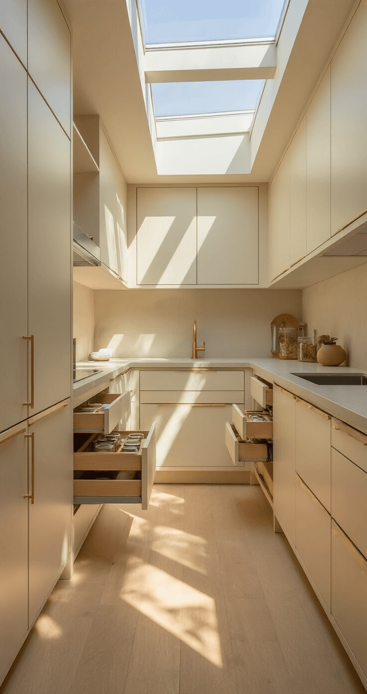 A minimalist U-shaped kitchen featuring cream lacquer cabinets with recessed handles, showcasing hidden storage solutions like pull-out spice racks and vertical dividers. Warm golden hour light filters through skylights, casting shadows and highlighting the light oak organizational elements.