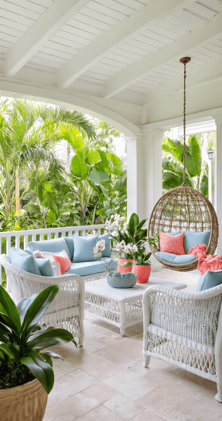 A serene Florida lanai featuring a covered outdoor living space with white wicker seating and pale blue cushions, a hanging rattan egg chair, and potted palms and orchids, all illuminated by filtered afternoon light. Coral-colored accents complement the tropical landscaping, viewed from the interior to highlight the indoor-outdoor flow.