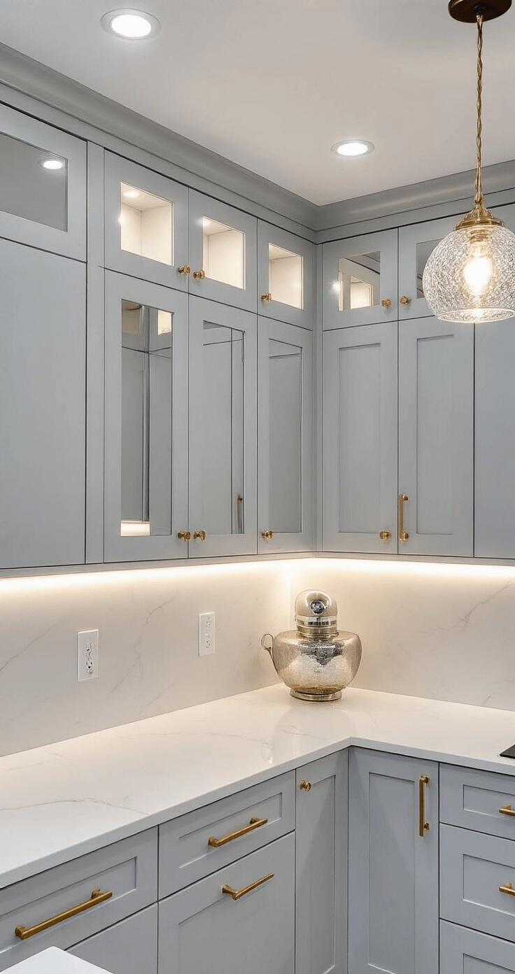A contemporary L-shaped kitchen featuring pearl gray cabinets with mirrored upper panels, white quartz countertops, and mercury glass pendant lights, illuminated by LED strip lighting during blue hour, captured at counter height with soft diffused lighting.