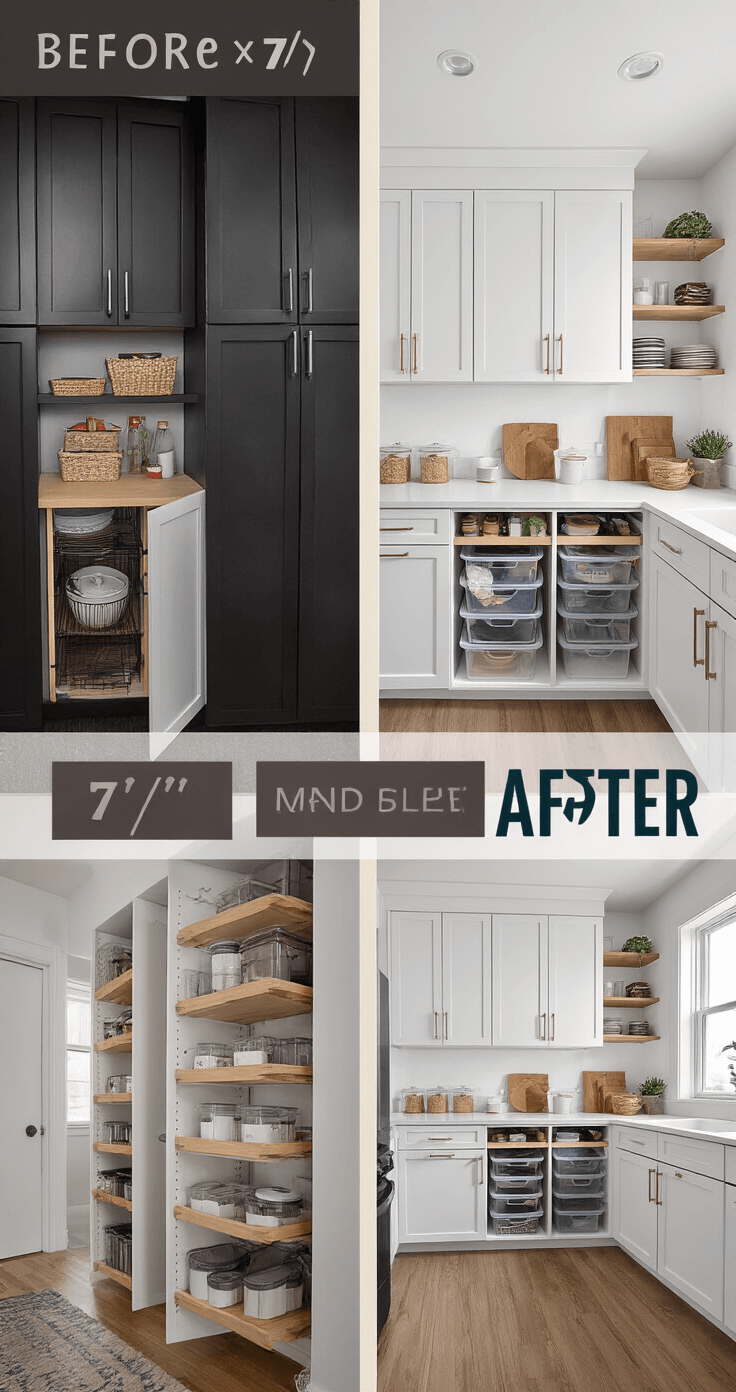 A before/after split screen of a tiny kitchen transformation (7'x7'). On the left, cluttered dark cabinets; on the right, organized dove white cabinets with vertical storage solutions, illuminated by natural light and pot lights.