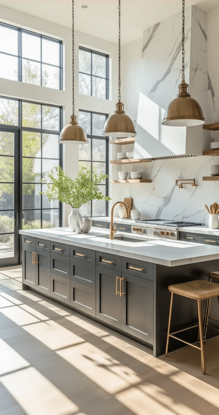 A modern kitchen with floor-to-ceiling windows, featuring white walls, a marble backsplash, matte charcoal gray lower cabinets with brass hardware, and an island topped with white quartz, illuminated by morning light and industrial pendant lights, showcasing open metal shelving.
