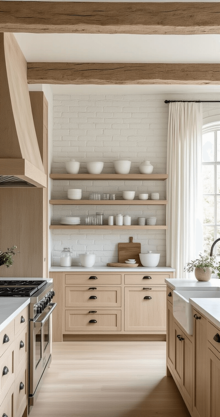 A spacious Scandinavian-inspired kitchen with 12-foot ceilings, exposed wooden beams, pale oak lower cabinets, whitewashed brick walls, and a bleached wood floating shelf displaying minimal white pottery. A floor-to-ceiling oak pantry unit blends seamlessly, while afternoon sunlight softens the ambiance through sheer linen curtains. The wide-angle shot captures the room's depth and expansive feel.