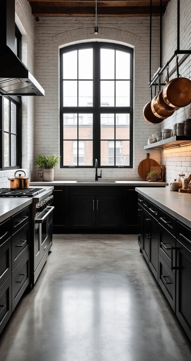 A stylish industrial chic kitchen with polished concrete floors, blackened steel lower cabinets, and a white-painted exposed brick wall. A suspended black metal pot rack showcases copper cookware, and under-cabinet LED lights illuminate the concrete countertops. Large factory-style windows fill the space with natural light, emphasizing the vertical architecture and creating depth through shadow play.