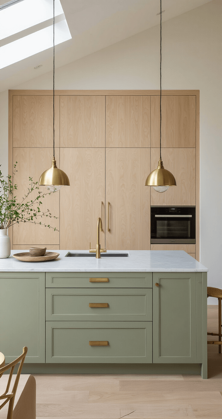 Contemporary minimalist kitchen with warm white plaster walls, floor-to-ceiling bleached maple storage, sage green lower cabinets, and handmade gray ceramic tiles; illuminated by brass pendant lights, with golden hour sunlight streaming through skylights.