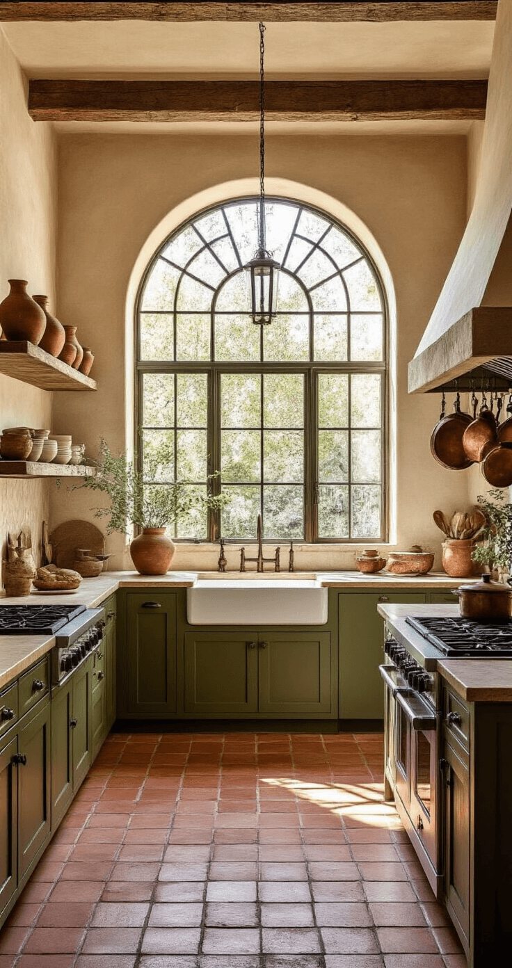 A Mediterranean-inspired kitchen featuring terracotta floors, 15-foot arched windows, deep olive green lower cabinets, textured cream walls, and open iron shelving with artisanal pottery and copper vessels. A vintage brass pot rack is suspended from exposed wooden beams, while late morning light casts dramatic shadows, highlighting the spatial relationship between the cooking and dining areas. Warm fill light enhances the natural lighting.
