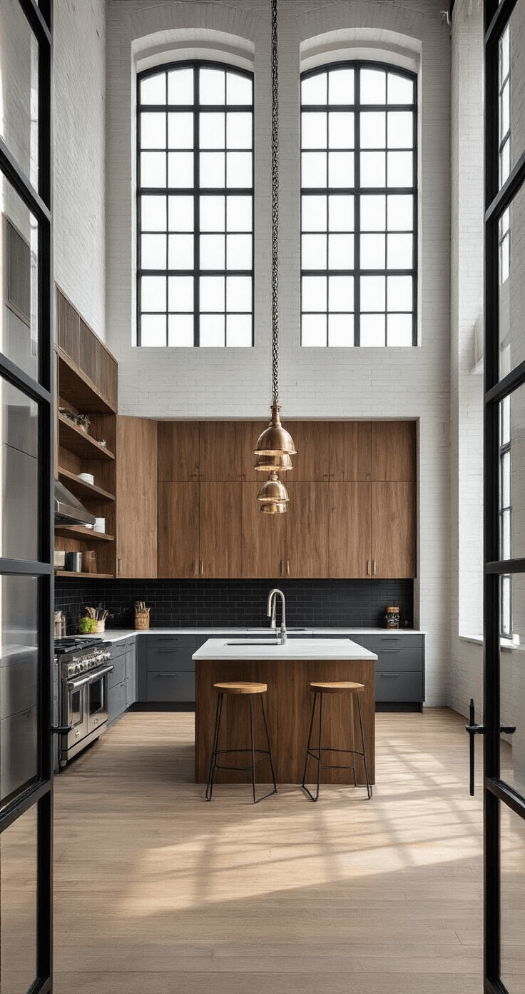 A modern urban loft kitchen with 20-foot ceilings, featuring sleek graphite gray cabinets, a warm walnut storage wall, matte black subway tiles, and aged brass pendant lights, illuminated by afternoon light creating geometric patterns.