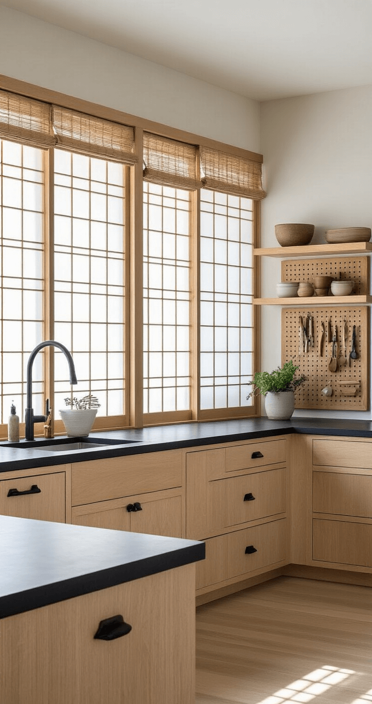 A serene Japanese-inspired kitchen featuring 12-foot shoji screens, cerused oak lower cabinets with traditional wooden pulls, contrasting black stone countertops, and white plaster walls, illuminated by soft natural light and bamboo roman shades. A custom wooden pegboard displays essential tools, with a counter-height perspective emphasizing horizontal lines and negative space.