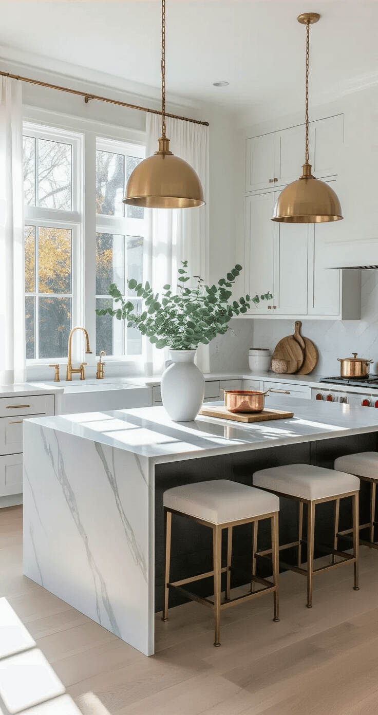 Bright modern kitchen with light gray shaker cabinets, dark charcoal quartz countertops, and a white marble island illuminated by brass pendant lights. Early morning sunlight filters through sheer curtains, casting gentle shadows over wide-plank white oak flooring. Decor includes copper cookware, a white ceramic vase with eucalyptus, and artisanal wooden cutting boards.