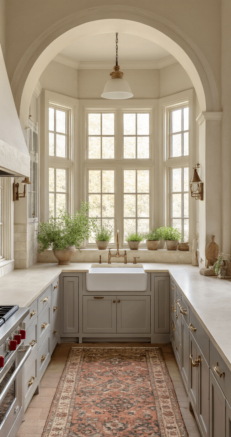 Transitional L-shaped kitchen featuring medium gray cabinets with woodgrain texture, cream limestone counters, and antique brass hardware, illuminated by golden hour light through divided light windows. A vintage runner rug, potted herbs, and mixed metal accessories enhance the warm, inviting atmosphere, all viewed from a corner angle to highlight depth.