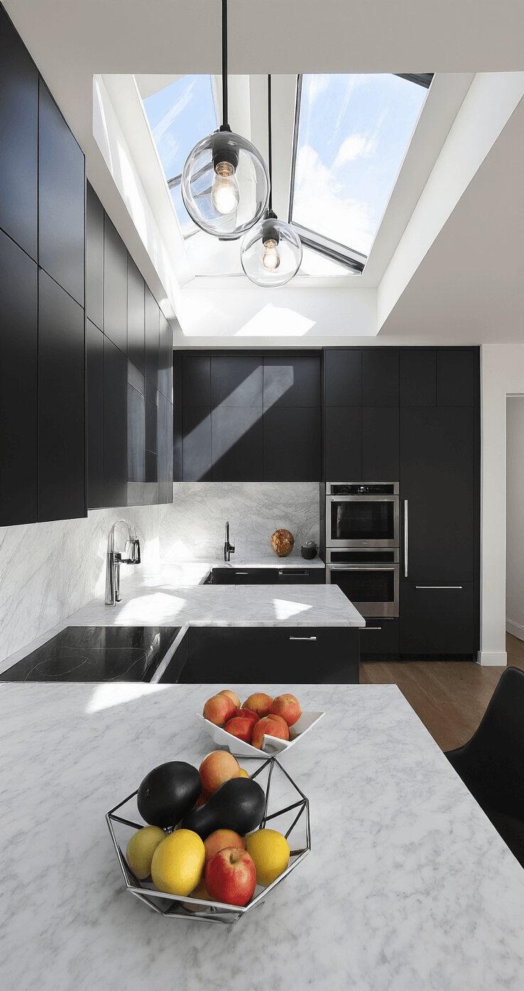 A contemporary galley kitchen featuring dark charcoal high-gloss cabinets, a white Carrara marble backsplash, and chrome fixtures, illuminated by midday natural light through a skylight, with minimalist black accessories and sleek appliances.