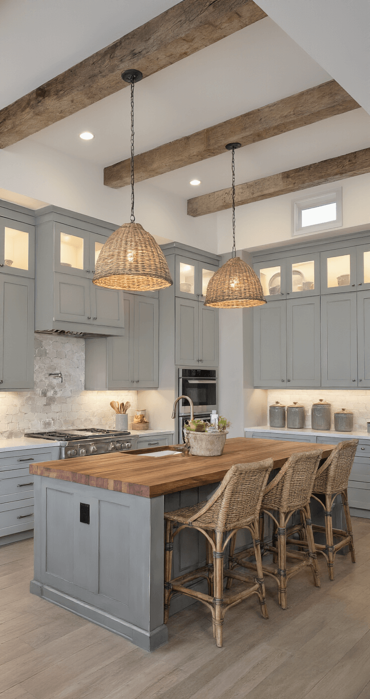 A cozy open-concept kitchen features exposed beams and dusk lighting with under-cabinet LEDs, showcasing two-tone gray cabinets with light upper and medium lower shades. A walnut butcher block island sits at the center, surrounded by vintage-inspired bar stools, woven pendant lights, and ceramic canisters, viewed from the dining area.