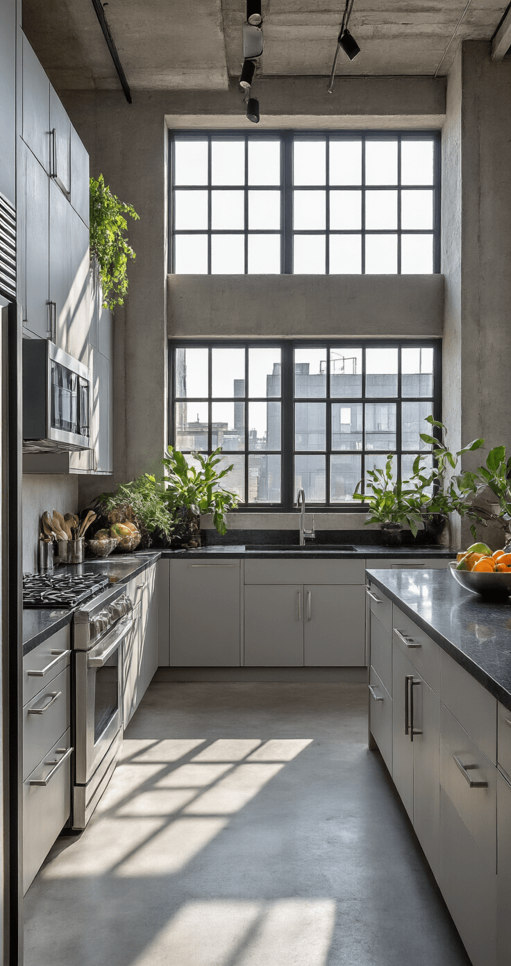 A modern urban loft kitchen featuring light gray flat-panel cabinets, black granite counters, and stainless steel appliances. The space is illuminated by late afternoon light, casting geometric shadows, with a concrete accent wall and an island layout. Styled with modern art, a metallic fruit bowl, and architectural plants, the image has a high-contrast, editorial mood.
