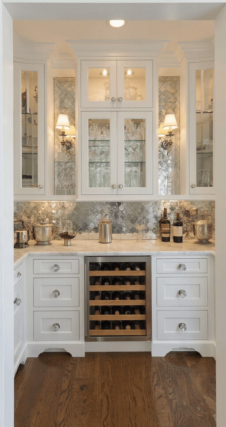 A traditional butler's pantry with white shaker cabinets, crystal knobs, built-in wine storage, and glass-front display cabinets filled with vintage barware, featuring an antiqued mirror backsplash and warm sconce lighting. The scene showcases marble countertops and chrome fixtures, framed through a doorway to highlight the luxury materials in a classic color palette of white, silver, and aged mirror tones.