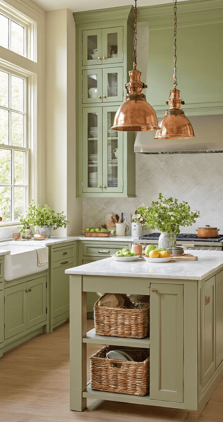 A cozy breakfast nook with green cabinets and cream walls, featuring double-height windows, vintage copper pendant lights, and a marble-topped island, showcasing open shelving with artisanal pottery and fresh produce, captured from a 45-degree angle.