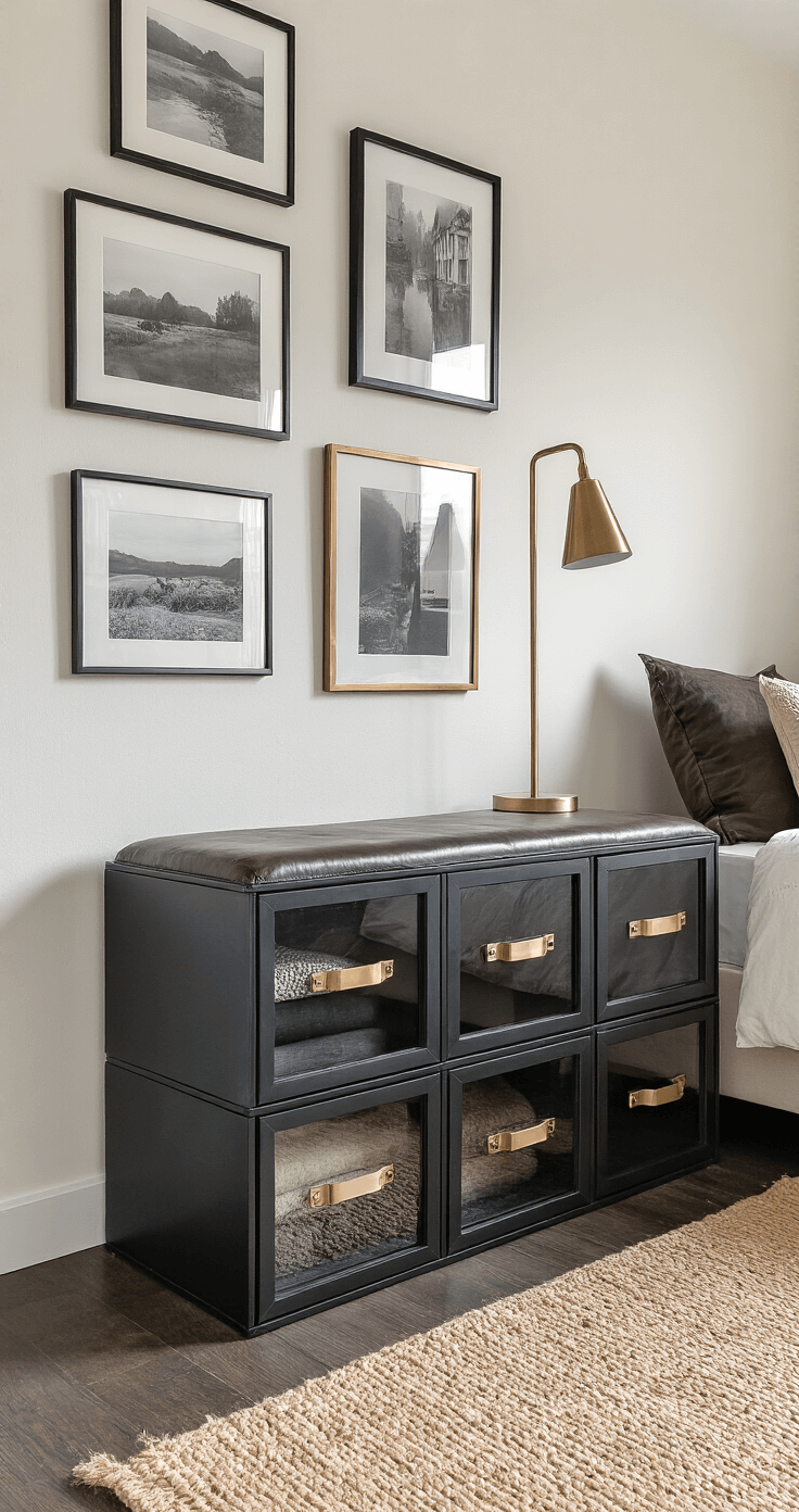 Close-up view of a sophisticated bedroom corner showcasing a stackable cube storage unit with glass-front drawers, a gallery wall of black and white photographs in metallic frames, a slim brushed brass floor lamp, and rich textures like a leather storage bench, silk pillows, and a jute rug, all in a moody color palette of charcoal, cream, and bronze.