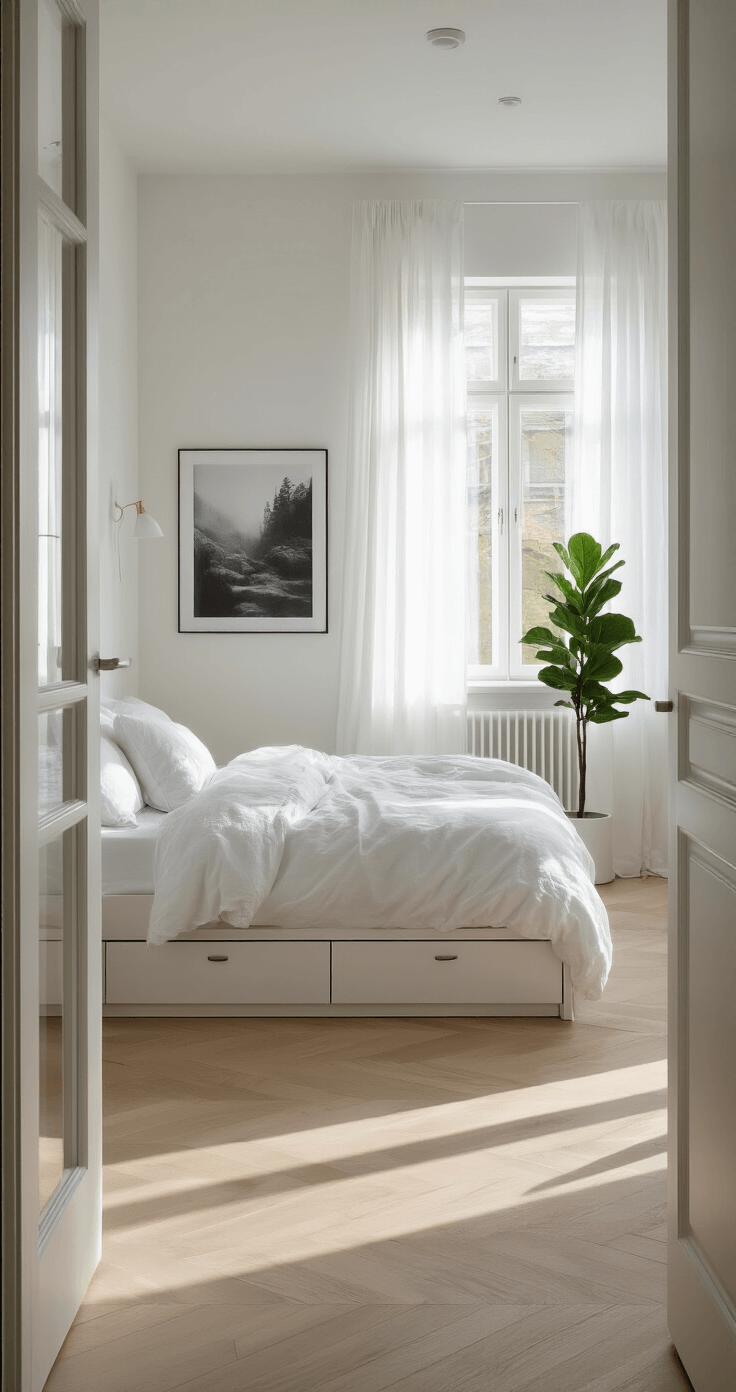 A Scandinavian minimalist bedroom featuring a low-profile platform bed with white linens, bathed in morning sunlight filtering through sheer curtains, with pale oak flooring, floating nightstands, and a potted fiddle leaf fig, captured in a wide-angle shot from the doorway.