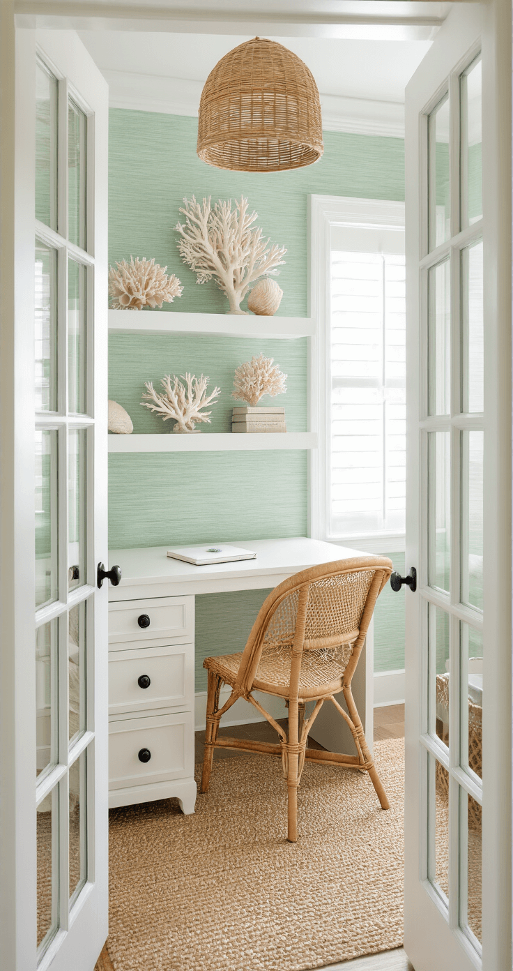 A bright coastal home office featuring a white desk and rattan chair, mint green grasscloth wallpaper, vintage coral specimens on floating shelves, and a shell-adorned mirror, illuminated by morning light from French doors, captured from the doorway with a shallow depth of field.